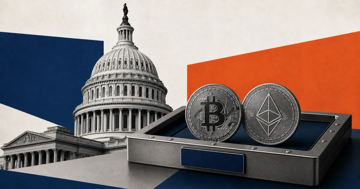 Greyscale U.S. Capitol behind Bitcoin and Ethereum coins in an institutional custody tray on navy and orange editorial panels.