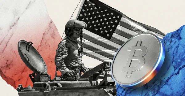 U.S. soldier in armored vehicle with American flag and Bitcoin coin, symbolizing the intersection of national security, geopolitics, and Bitcoin’s role in global financial power dynamics