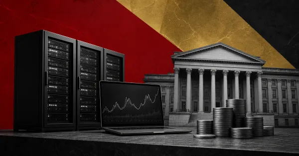 Greyscale digital asset exchange desk with a Treasury-style government building backdrop and red compliance warning panels