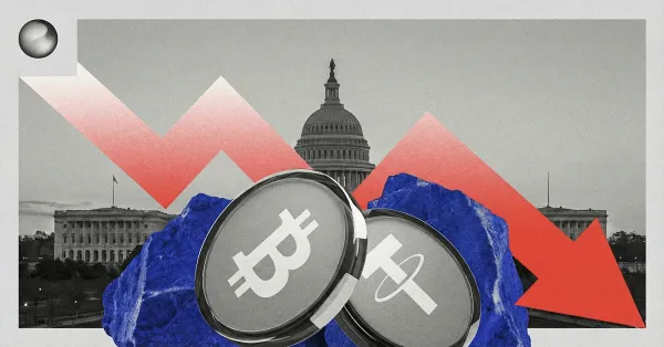 Bitcoin and USDT coins in front of the U.S. Capitol with a red downward arrow, illustrating crypto market decline tied to U.S. regulatory pressure
