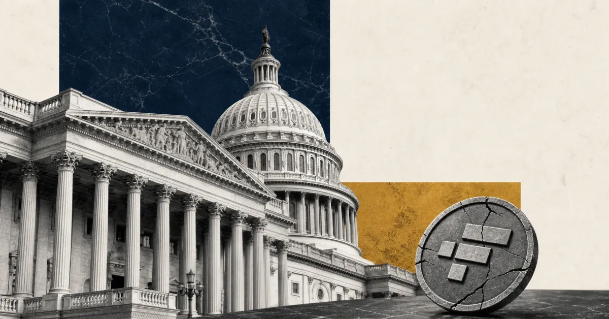 Greyscale U.S. Capitol with a cracked FTX-style exchange coin on navy, gold and off-white editorial news panels.