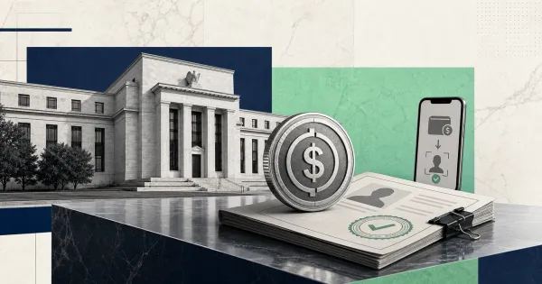 Greyscale Federal Reserve building, dollar stablecoin, customer identification dossier and verified wallet on navy and mint editorial panels.
