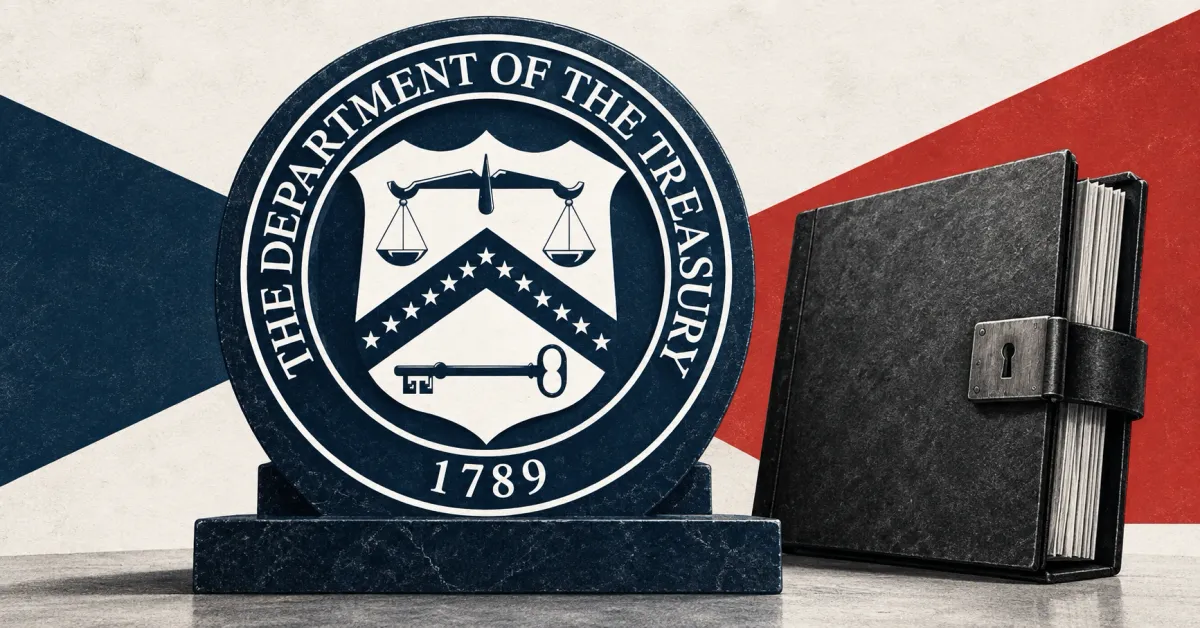 Large official white U.S. Treasury circular seal on a navy stone desk sign beside an unbranded greyscale payment ledger with a locking clasp, against off-white, navy and red panels.