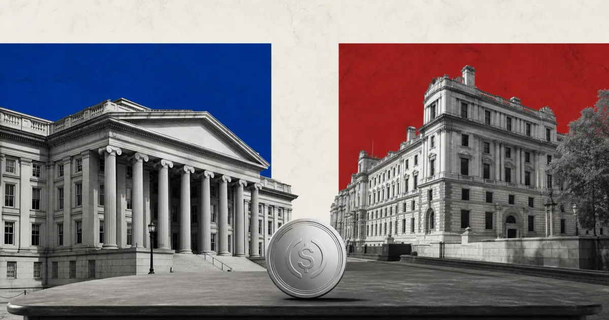 Greyscale U.S. Treasury and HM Treasury buildings facing a silver stablecoin on blue, red and off-white editorial panels.