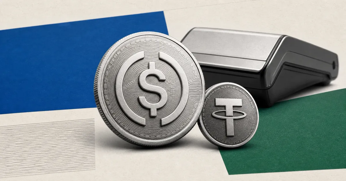 Greyscale USDC coin, Tether coin and Visa payment terminal on a financial news desk, set against blue and green editorial panels.