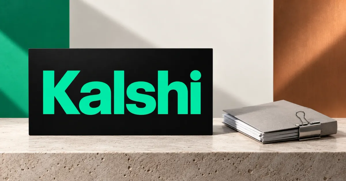 Large official green Kalshi wordmark on a front-facing black sign beside an unbranded greyscale court case folder and silver clip, against ivory, green and copper panels.