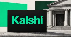 One large official green Kalshi wordmark on a flat black sign beside an unbranded greyscale courthouse entrance with closed doors, against off-white, mint-green and forest-green panels.