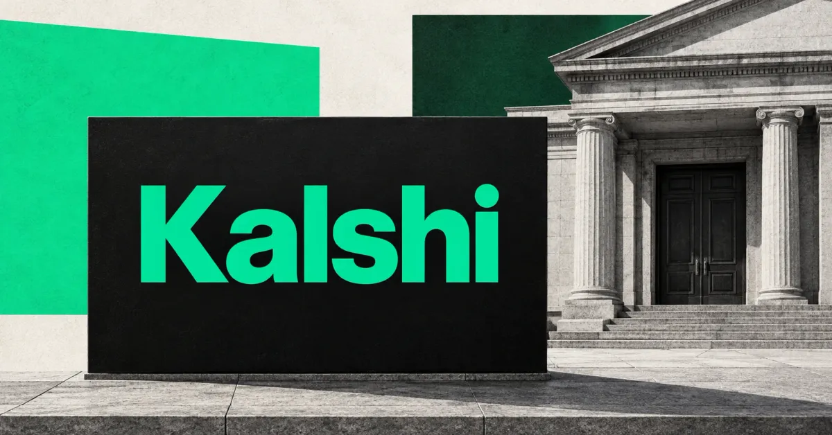 One large official green Kalshi wordmark on a flat black sign beside an unbranded greyscale courthouse entrance with closed doors, against off-white, mint-green and forest-green panels.