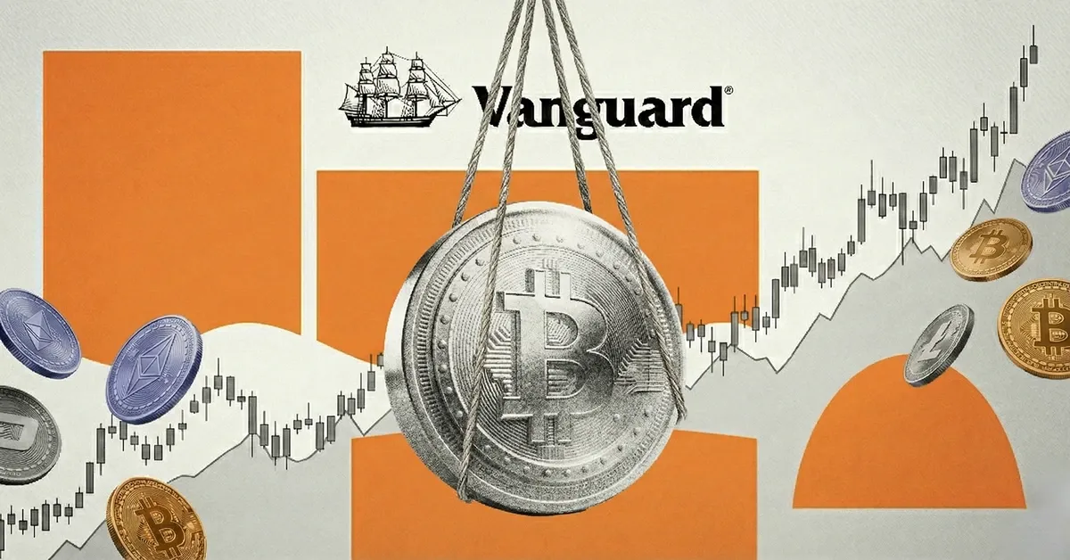 Vanguard logo suspending a Bitcoin coin over rising price charts with Ethereum and other crypto tokens on an orange finance backdrop
