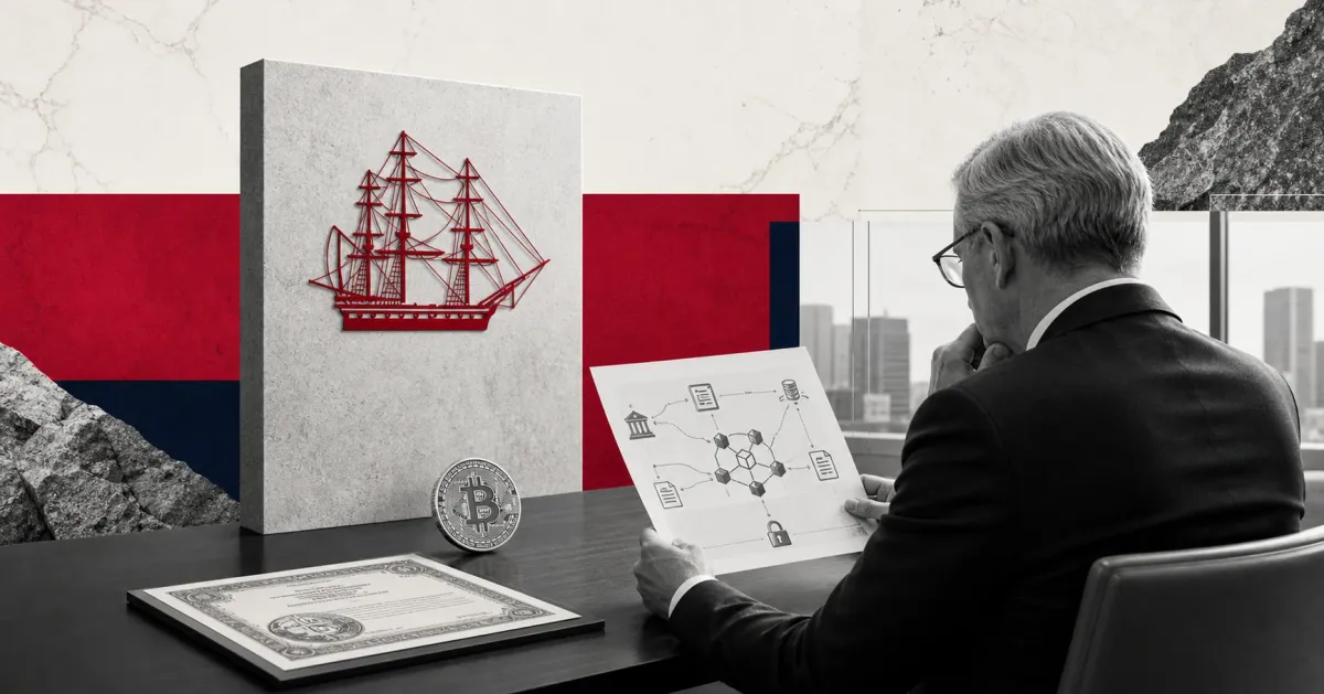 Greyscale Vanguard-style asset management desk with a red ship emblem, Bitcoin coin and digital asset roadmap on red, navy and off-white editorial panels.
