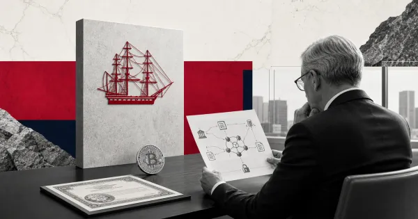 Greyscale Vanguard-style asset management desk with a red ship emblem, Bitcoin coin and digital asset roadmap on red, navy and off-white editorial panels.