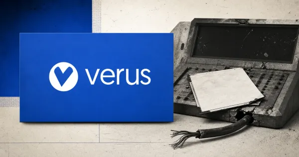 Large official blue Verus wordmark and V emblem on an off-white editorial plaque beside a greyscale damaged cross-chain bridge control console with a blank incident document.