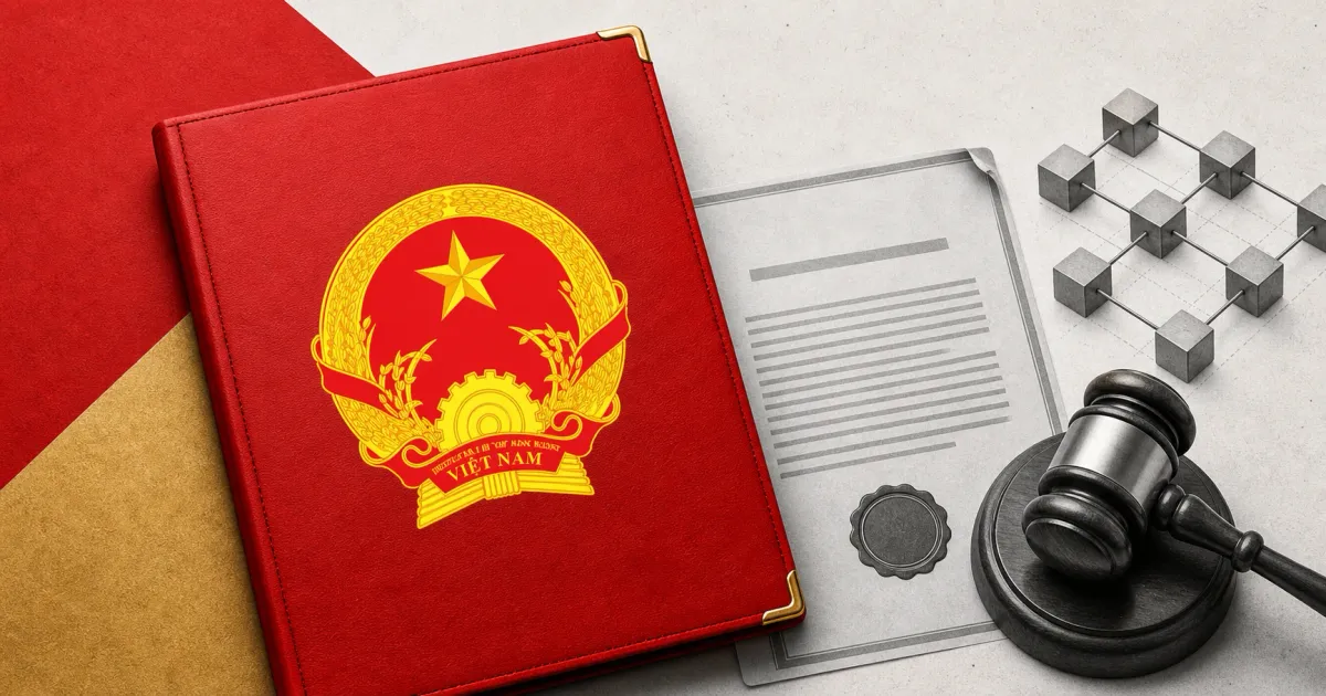 Official Government of Vietnam national emblem on a prominent red decree folder beside a grayscale regulatory document, gavel and unbranded blockchain ledger grid.