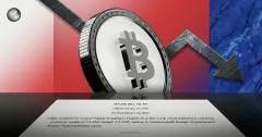 Bitcoin coin over a Senate bill document with a downward arrow on red and blue blocks, illustrating proposed crypto legislation and market pressure