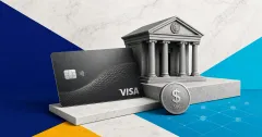 Greyscale payment card, treasury terminal and SBC stablecoin token on blue and cyan editorial panels representing Visa and Brale testing private stablecoin settlement on Canton.