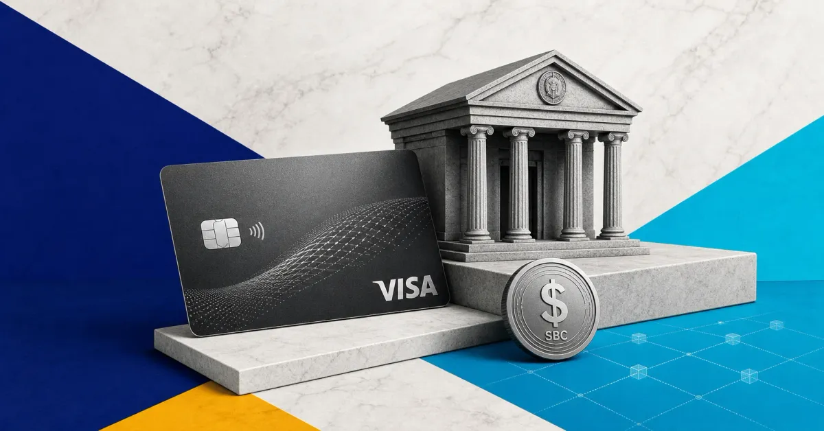Greyscale payment card, treasury terminal and SBC stablecoin token on blue and cyan editorial panels representing Visa and Brale testing private stablecoin settlement on Canton.