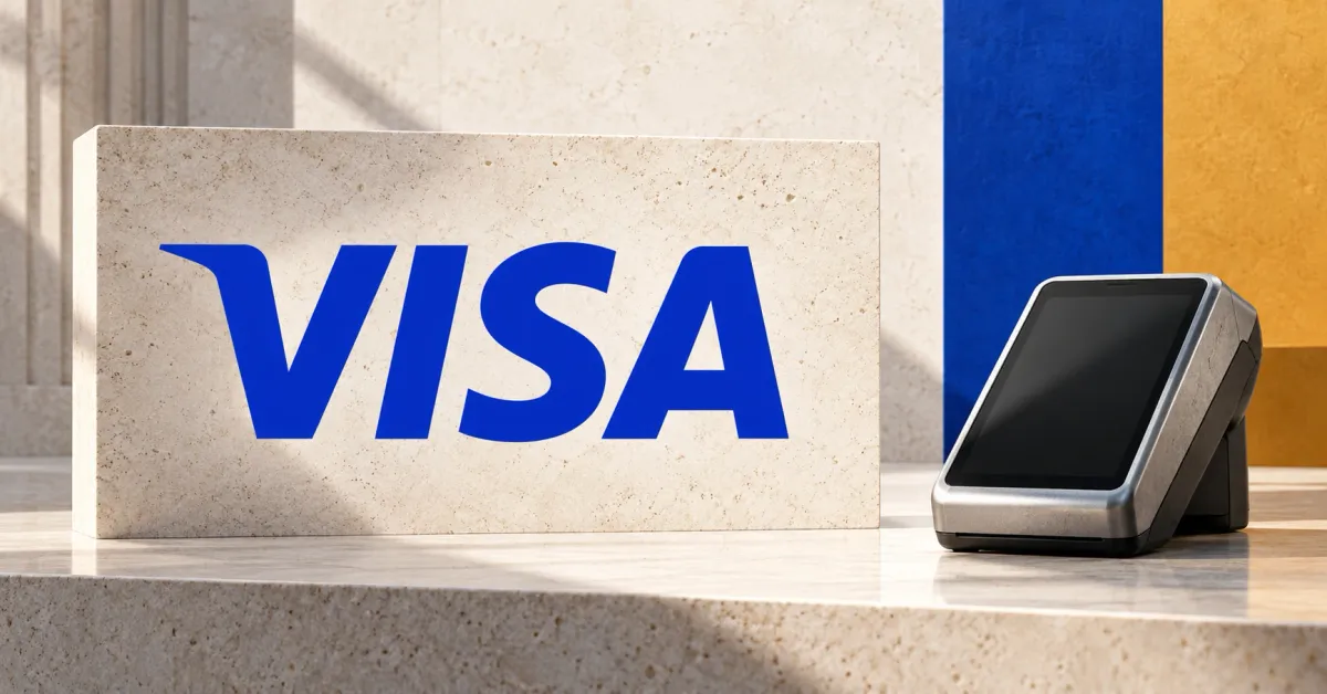 One large official blue VISA wordmark on an off-white limestone sign beside a smaller unbranded greyscale payment terminal with a blank screen, against cobalt-blue and ochre panels.