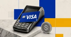 Official Visa wordmark displayed prominently on a blue payment card over a greyscale contactless terminal, beside a dollar stablecoin token on blue, gold and off-white editorial panels.