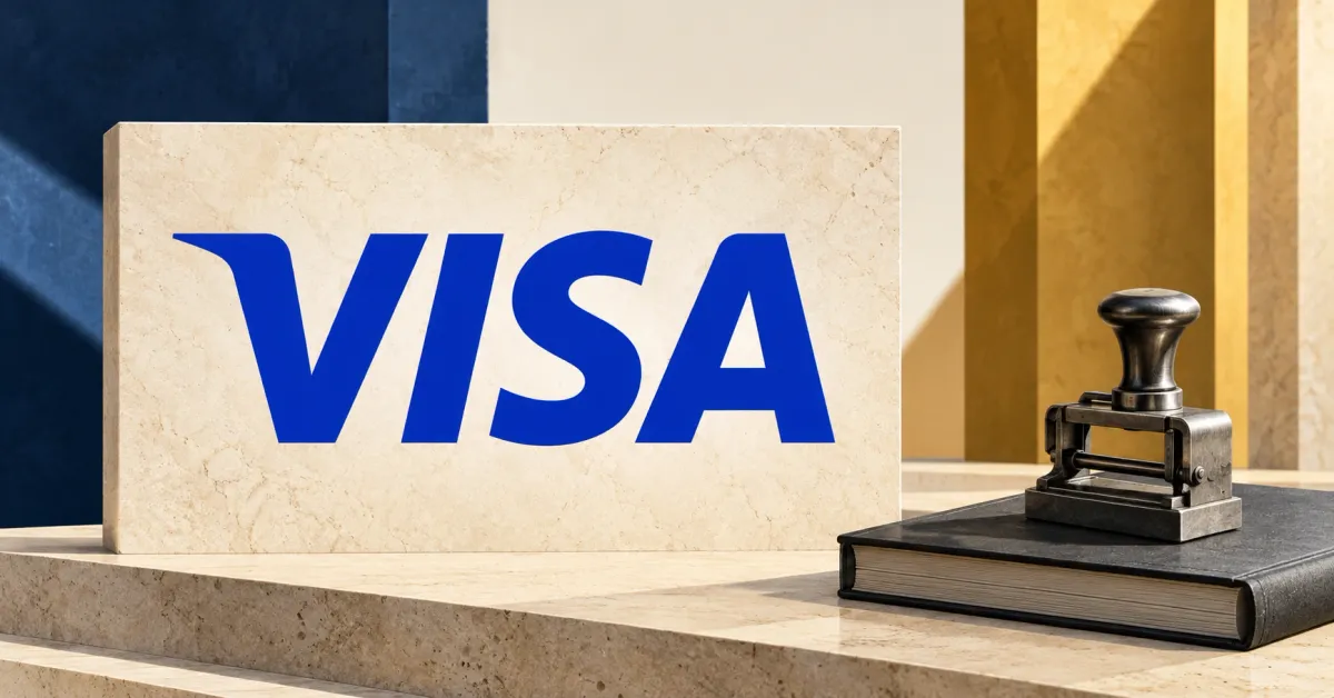 One large official blue VISA wordmark on an ivory limestone sign beside a smaller unbranded greyscale mechanical settlement stamp on a blank dark ledger, against navy and ochre panels.