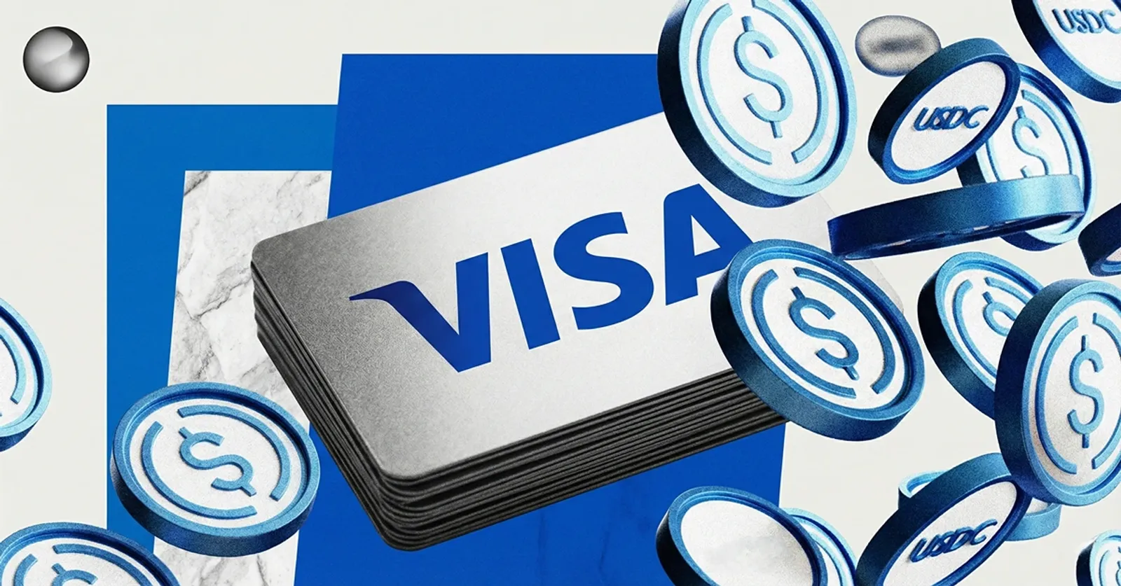 Visa card surrounded by USDC stablecoin coins on a blue backdrop, illustrating Visa’s U.S. stablecoin settlement and crypto payment rails