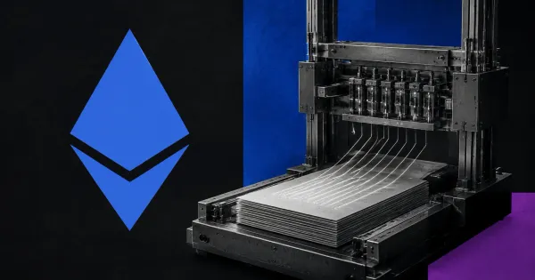 Large official Ethereum diamond logo in blue beside a greyscale unbranded transaction-verification rig and proof sheets on cobalt and violet editorial panels.