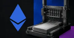 Large official Ethereum diamond logo in blue beside a greyscale unbranded transaction-verification rig and proof sheets on cobalt and violet editorial panels.