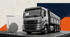 Greyscale Volvo heavy-duty truck beside a metallic supplier-settlement token on navy and safety-orange editorial panels.