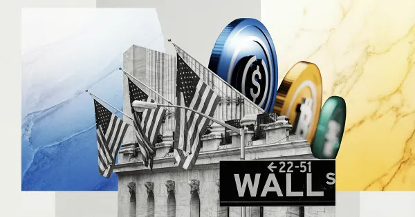 Wall Street sign with U.S. flags and crypto coins including Bitcoin and stablecoins, representing institutional crypto adoption and financial market integration