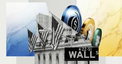 Wall Street sign with U.S. flags and crypto coins including Bitcoin and stablecoins, representing institutional crypto adoption and financial market integration