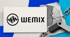 Large official black WEMIX wordmark on an off-white plaque beside a greyscale broken hardware-security key and snapped chain, illustrating the WEMIX$ contract breach.