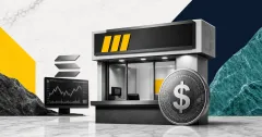 Greyscale remittance counter, crypto exchange screen and dollar stablecoin on yellow, navy and teal editorial panels representing Western Union USDPT on Bybit