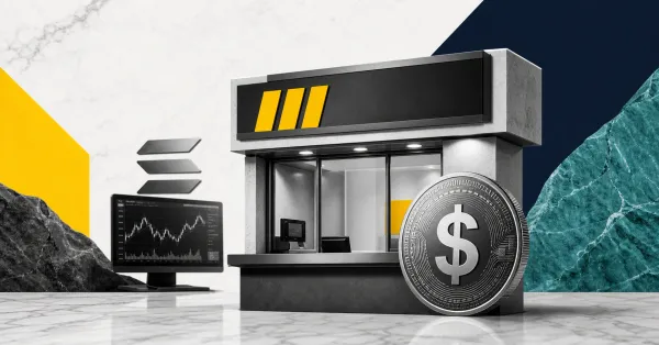 Greyscale remittance counter, crypto exchange screen and dollar stablecoin on yellow, navy and teal editorial panels representing Western Union USDPT on Bybit