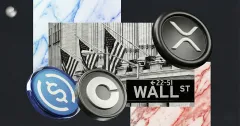USDC, XRP, and crypto token icons displayed over Wall Street sign and American flags, representing cryptocurrency markets and U.S. financial sector influence