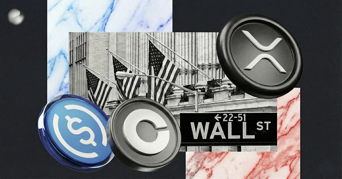 USDC, XRP, and crypto token icons displayed over Wall Street sign and American flags, representing cryptocurrency markets and U.S. financial sector influence