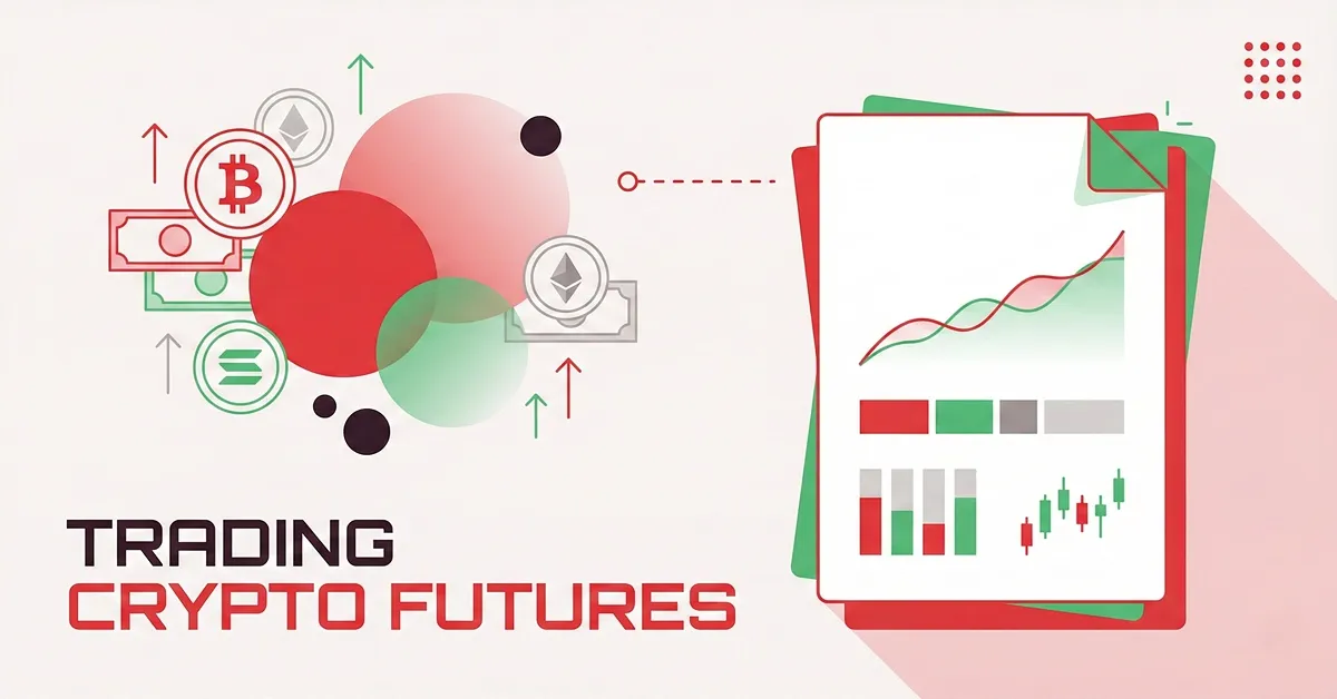 Cover for article on crypto futures trading with Bitcoin, Ethereum, Solana icons and red-green profit and loss charts