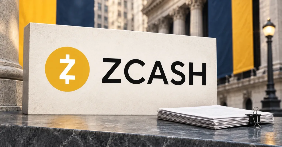 Large official yellow-and-black Zcash logo and ZCASH wordmark on an upright off-white institutional sign beside an unbranded greyscale securities folio with blank papers and a binder clip, against mustard and navy panels and blurred financial-district buildings.