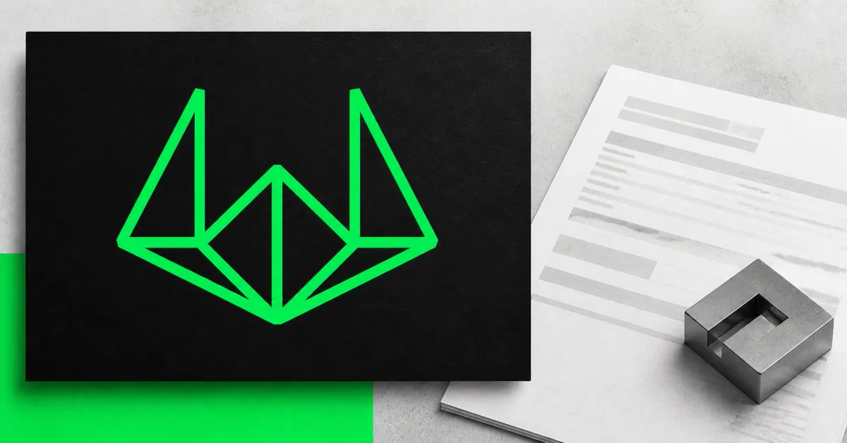 Large official green Wintermute logo on a black card beside an unbranded greyscale broker-dealer registration document and metal ETF block on an off-white editorial surface.