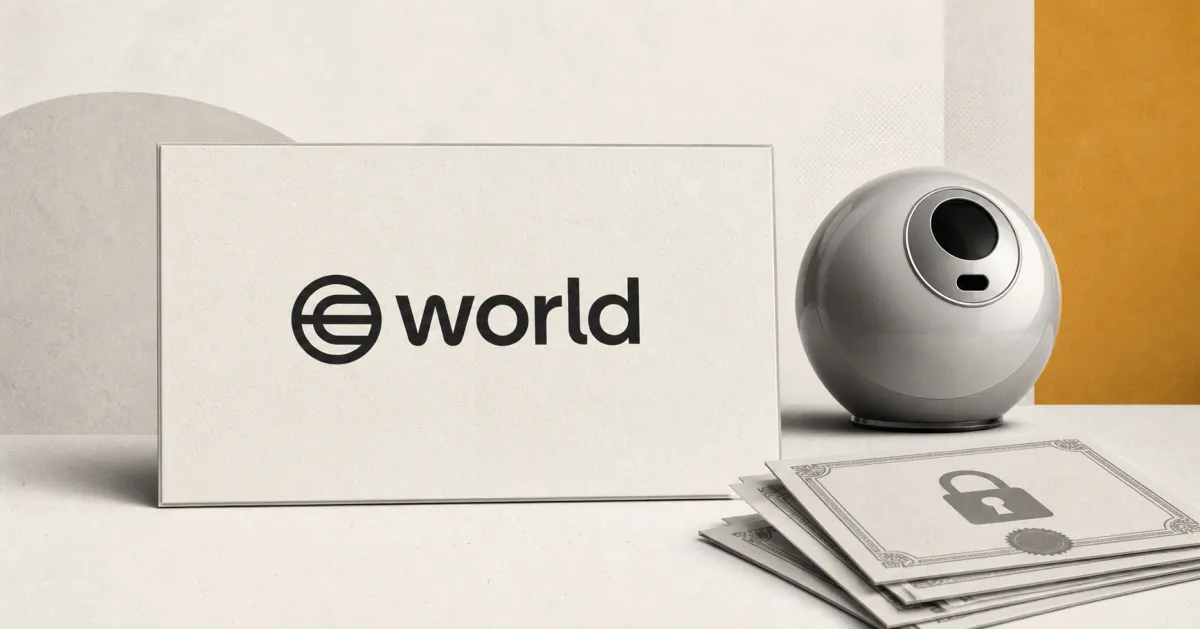 Official World logo on a large off-white plaque beside a greyscale Orb identity device and unbranded locked-token certificates on warm amber editorial panels