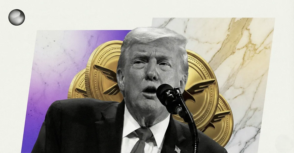 Donald Trump speaking into a microphone with gold cryptocurrency coins in the background, representing U.S. crypto regulation and digital asset market influence