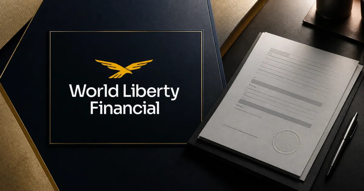 Large official gold World Liberty Financial logomark on a dark navy plaque beside a greyscale unbranded federal bank-charter approval document on an editorial desk.