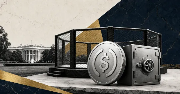 Greyscale UFC octagon on the White House lawn with a dollar stablecoin and bank vault on navy and gold editorial panels for World Liberty Financial's USD1 bonus pool