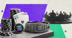 Greyscale poker chips, playing cards, a championship bracelet and a Solana token on violet and mint editorial panels representing WSOP crypto buy-ins and stablecoin payouts.