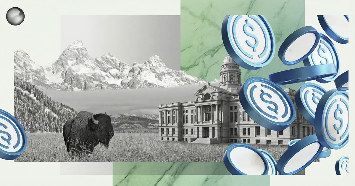 A U.S. law document and gavel beside stablecoin icons, used to illustrate a state-issued stablecoin launch and regulatory controls