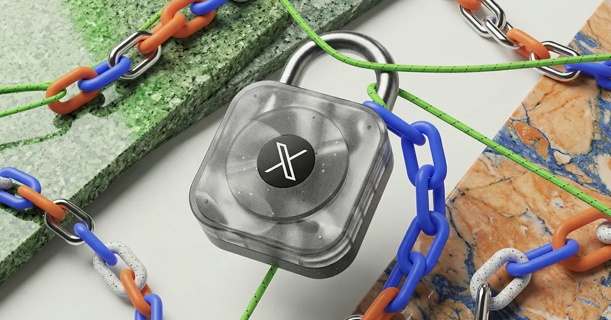Blockchain padlock with X logo and chains, representing crypto security, decentralized networks, and protection of digital assets on blockchain systems.