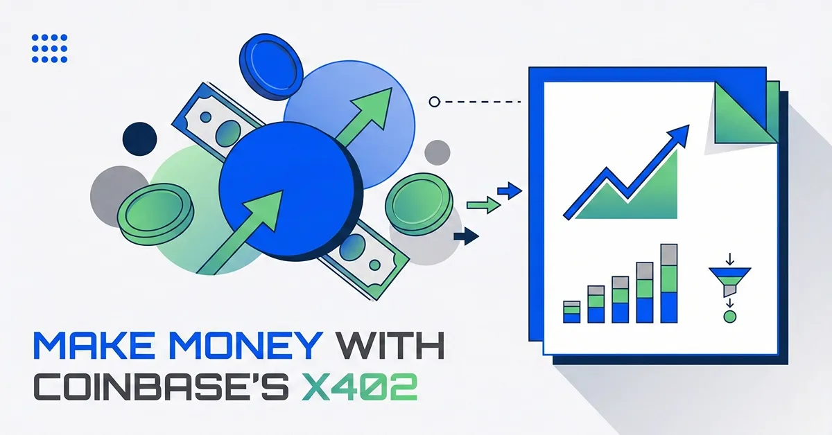Cover illustration showing a browser window, USDC coin, and small pay-per-use slider knobs representing metered x402 payments