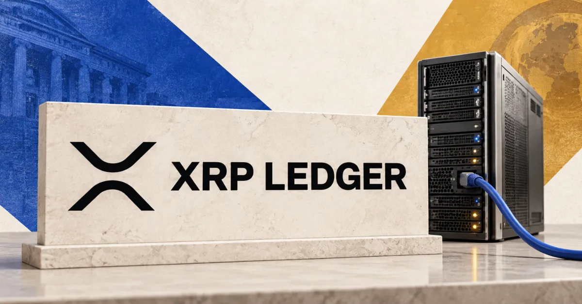 Large official black XRP Ledger emblem and wordmark on an off-white desk sign beside an unbranded greyscale validator server tower and maintenance cable, against cobalt and amber panels.
