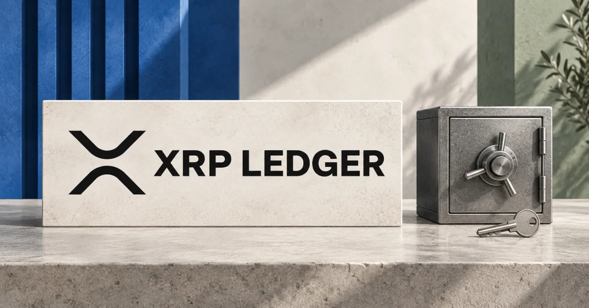 One large official black XRP Ledger emblem and XRP LEDGER wordmark on an off-white stone sign beside an unbranded greyscale metal safe and key, against cobalt blue and sage architectural panels.
