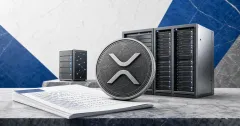 Greyscale XRP Ledger validator server rack, XRP coin and protocol upgrade document on blue, steel and off-white editorial news panels.