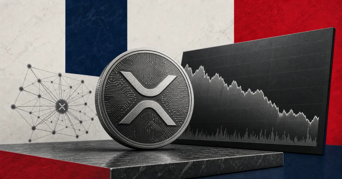 Greyscale XRP coin under a market-stress dashboard showing MVRV losses, with Ripple Ledger lines and red-blue editorial news panels.