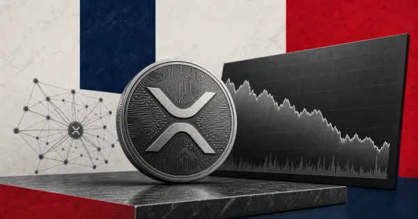 Greyscale XRP coin under a market-stress dashboard showing MVRV losses, with Ripple Ledger lines and red-blue editorial news panels.